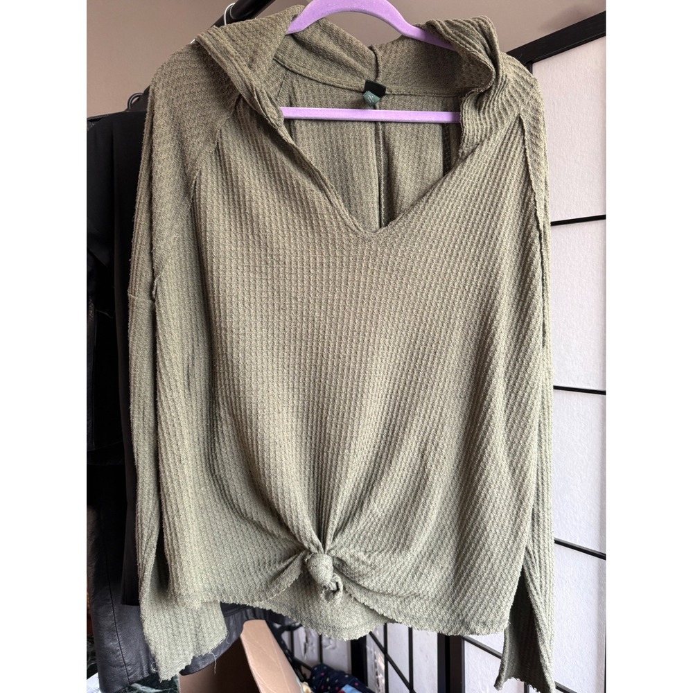 Wild Fable Olive Green Waffle Knit V-Neck Hooded‎ Pullover Top Tie Front